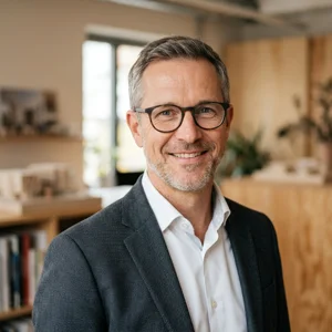 Michael R., smiling in his office