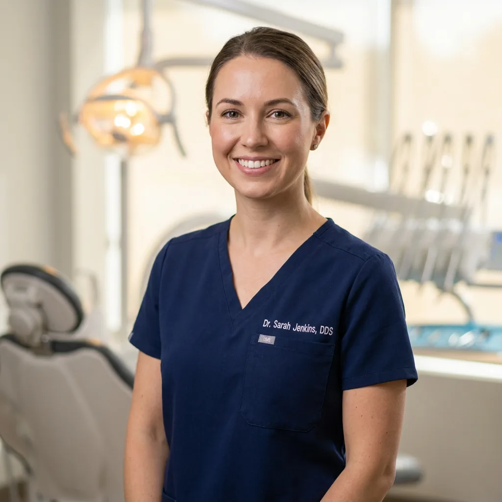Sarah P., smiling confidently in her dental clinic